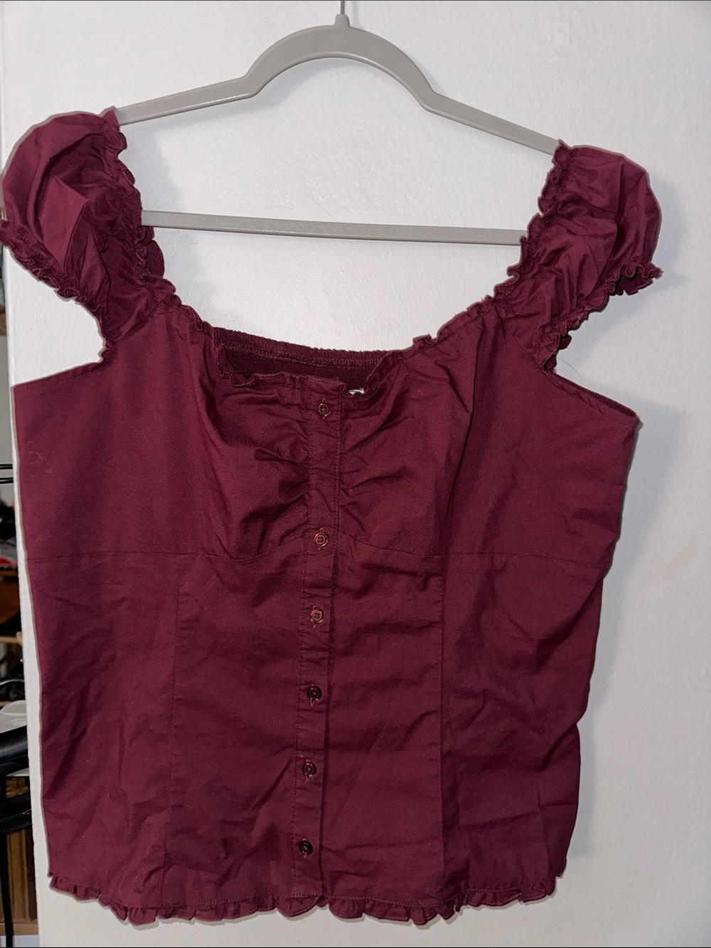 Hollister Maroon Ruffled Button-Front Crop Top